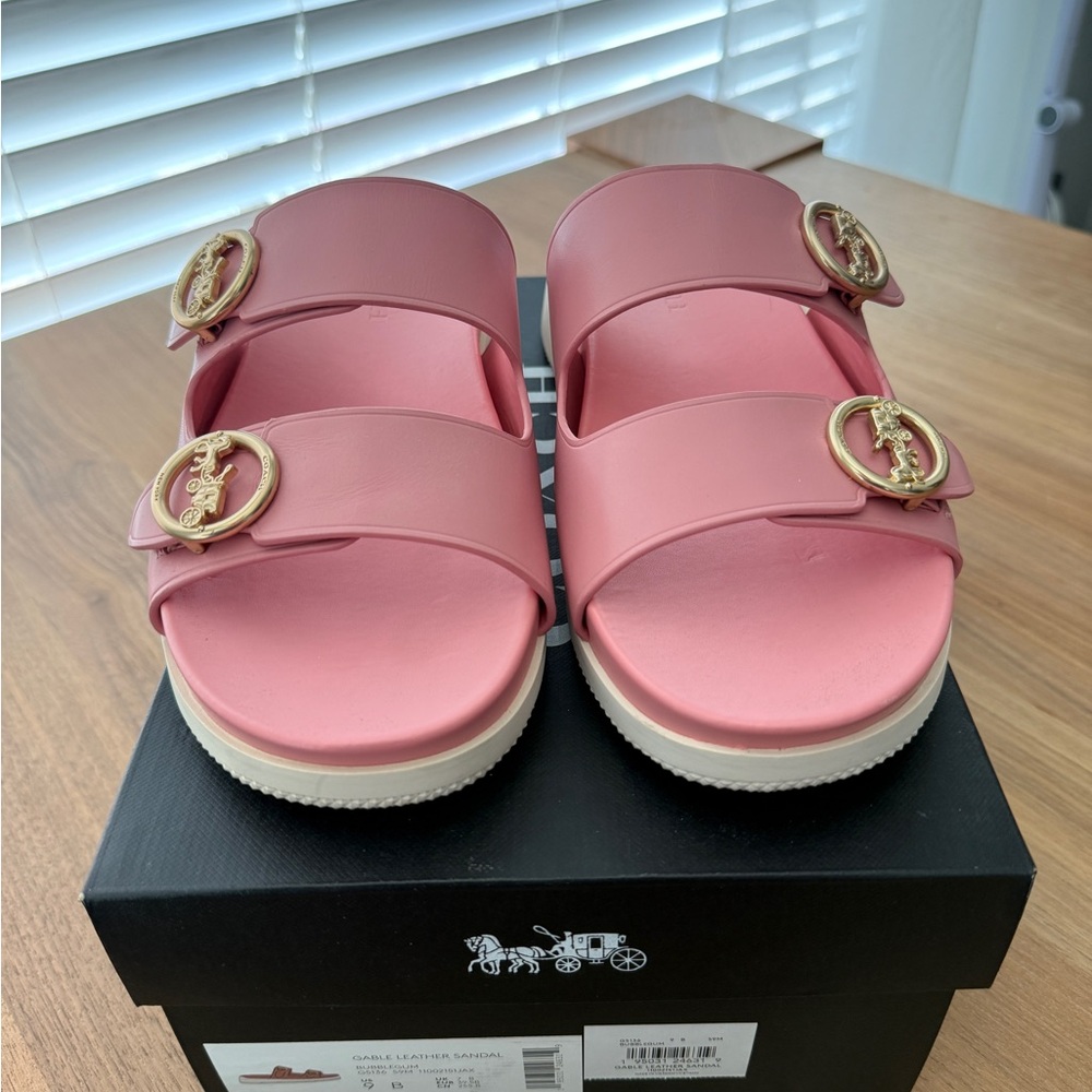Coach Pink Double-Strap Slide Sandals with Gold Buckle Accents
